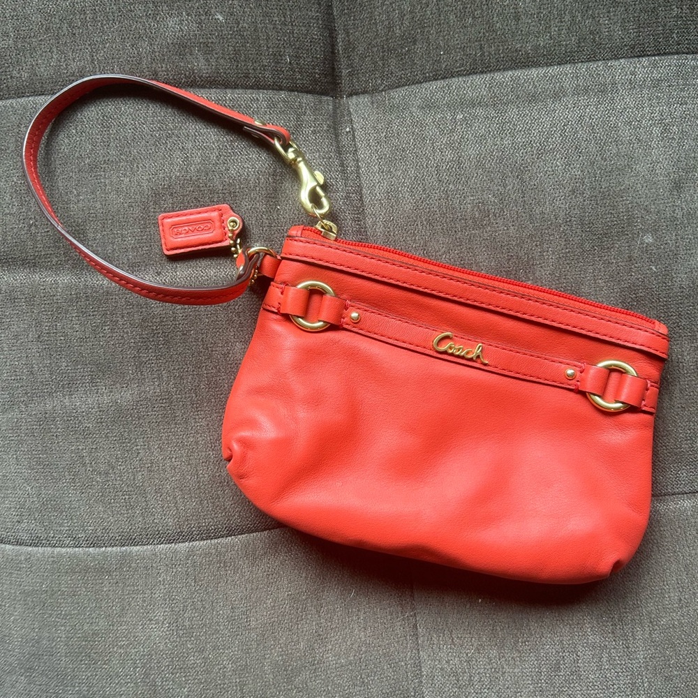 Coach Carnelian Bright Orange Red Legacy Leather Zippered Small Wristlet Wallet